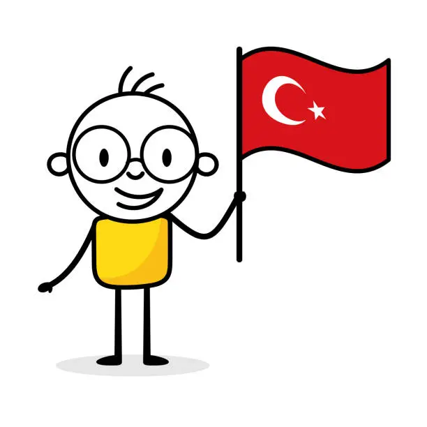 Vector illustration of Man holding flag of Turkey isolated on white background. Hand drawn doodle line art man. Concept of country. Vector stock illustration