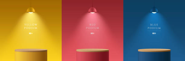 набор из желтых, темно-синих, красных и деревянных реалистичных 3d цилиндров стоят на подиуме в абстрактных комнатах с подвесными неоновыми  - backgrounds red abstract light stock illustrations