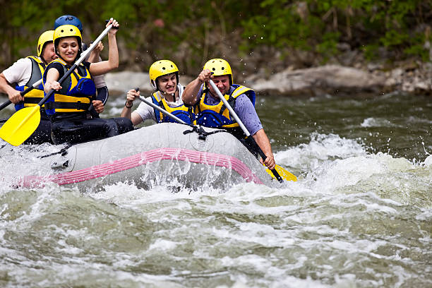 People whitewater rafting Group of five people whitewater rafting and rowing on river rapids river stock pictures, royalty-free photos & images