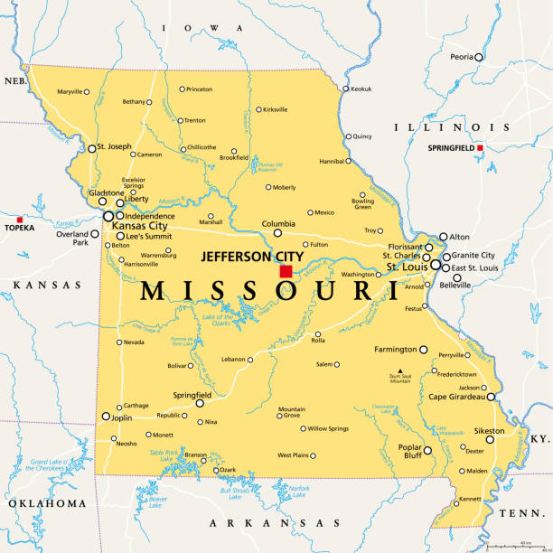 Missouri, MO, political map, US state, nicknamed Show Me State Jefferson City, and largest cities, lakes and rivers. State in Midwestern region of United States, nicknamed Show Me State, Cave State and Mother of the West. saint joseph stock illustrations