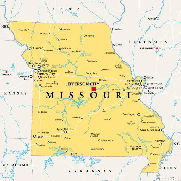 Vector illustration of Missouri, MO, political map, US state, nicknamed Show Me State