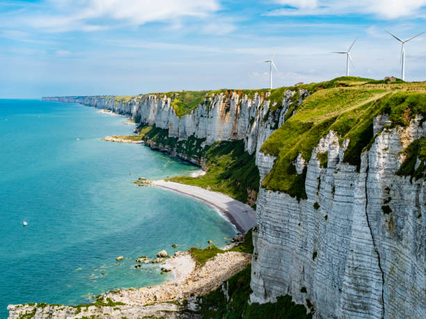 Impressive view of Fecamp coastline, vertical white cliffs in the Alabaster Coast, Normandy, France