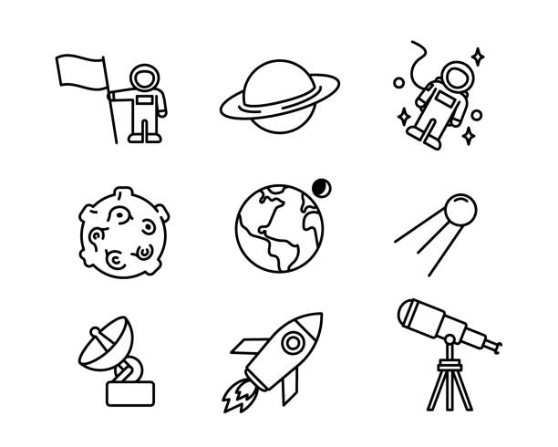 4x5 (20) Icon set of flat space symbols. Pictogram for web. Line stroke. Isolated discovery icons on white background. Vector eps10. Space rover and same moon silhouettes stock illustrations