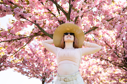 Young girl posing near blossom cherry tree with pink flowers