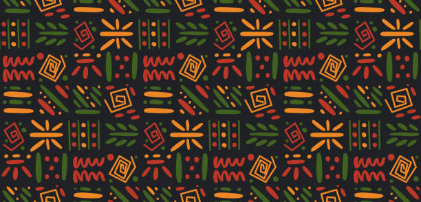 ilustrações, clipart, desenhos animados e ícones de africano confronto étnico tribal perfeito fundo padrão. vetor vermelho, amarelo, símbolos verdes, linhas quadradas de repetição cenário para o mês da história negra, juneteenth, impressão kwanzaa, banner, papel de parede - ethnic