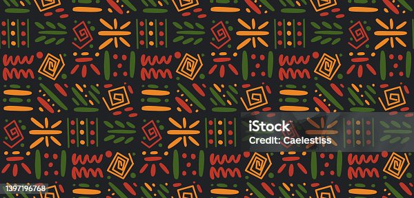 istock African clash ethnic tribal seamless pattern background. Vector red, yellow, green symbols, square repeat lines backdrop for Black History Month, Juneteenth, Kwanzaa print, banner, wallpaper 1397196768
