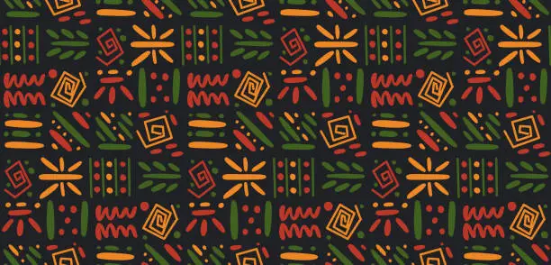 Vector illustration of African clash ethnic tribal seamless pattern background. Vector red, yellow, green symbols, square repeat lines backdrop for Black History Month, Juneteenth, Kwanzaa print, banner, wallpaper