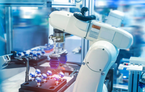 istock Automatic industrial robotic robot working, industry 4.0 and technology concept 1397197104