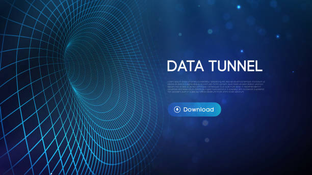 ilustraciones, imágenes clip art, dibujos animados e iconos de stock de ilustración vectorial de puente de datos. tráfico de big data y visualización de datos. antecedentes en tecnología digital de redes de comunicación - computer software tunnel data technology