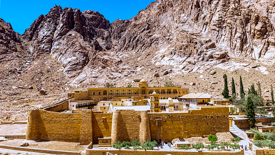 the complex of the Monastery of St Catherine in the Egyptian Sinai seen from the opposite mountain