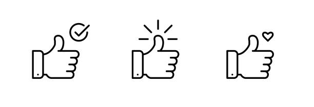 Thumbs up and like icons set. Pixel perfect, editable stroke line art Thumbs up and like icons set. Pixel perfect, editable stroke line art thumb stock illustrations