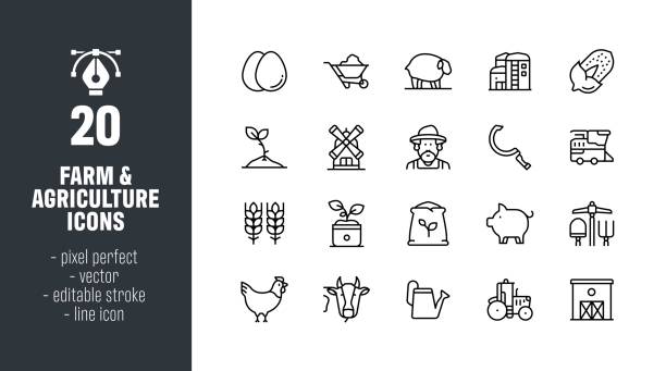Farm and Agriculture Line Icon Set Editable Stroke Icons. Pixel perfect 16 icons. flour mill stock illustrations