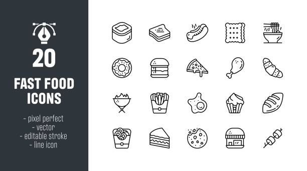 fast food line icon set - sandwich turkey bread toast stock-grafiken, -clipart, -cartoons und -symbole