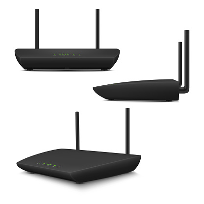 Black wi fi router front side view set realistic template vector wireless internet broadcasting