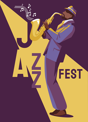 Jazz saxophonist. flat style. Music, art and blues musician concept. Design flyer poster for a concert in a club, festival.