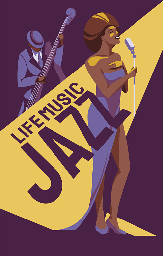 African American woman jazz and soul singer with double bassist on stage. Design for poster, flyer, festival