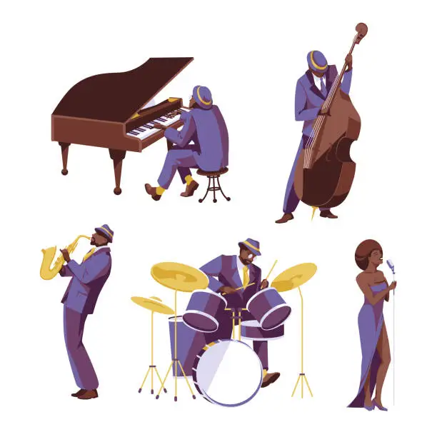 Vector illustration of A set of jazz soul musicians: singer, pianist, double bassist, drummer, saxophonist. Isolated on white background. Flat vector illustration