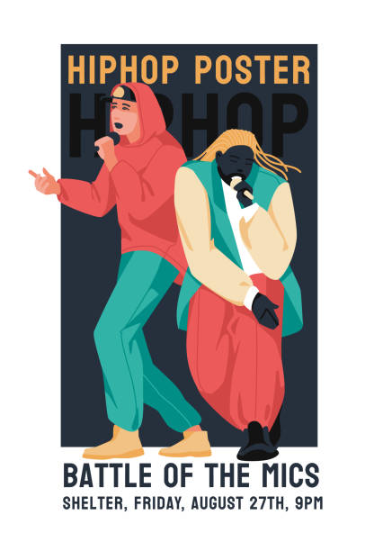 illustrations, cliparts, dessins animés et icônes de microphones de combat hip hop. deux musiciens sur scène. sous-culture. flyer design, affiches d’événements de club - hip hop urban scene city life black