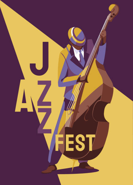 illustrations, cliparts, dessins animés et icônes de modèle de conception de festival de jazz ou de flyer ou d’affiche avec musicien avec contrebasse, sur fond violet. illustration vectorielle plate - contre basson