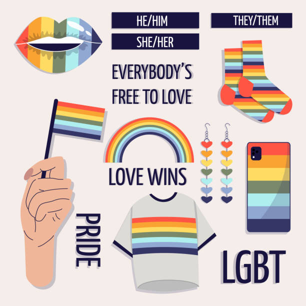 illustrazioni stock, clip art, cartoni animati e icone di tendenza di set di elementi di pride.tenendo una bandiera, una maglietta, labbra, una custodia, calze, orecchini color arcobaleno.   il concetto di lgbtq. sostegno agli omosessuali. uguaglianza e protezione dell'amore. - homosexual human lips lesbian rainbow