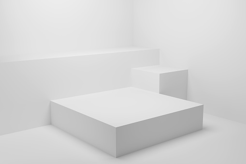 Abstract white pedestal podium stands in the white room with copy space