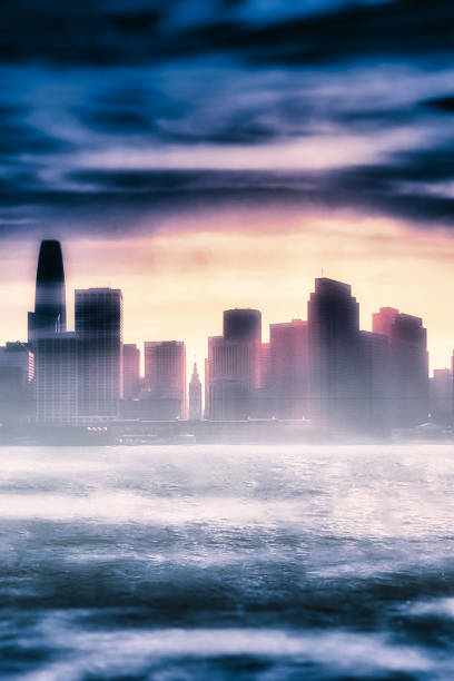 Sausalito, United States - February 13 2020 : a silhouette panoramic view of the skyline of san francisco from the water