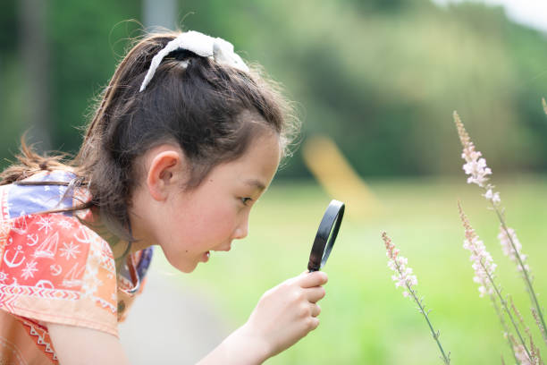 istock Girl observing flowers with magnifying glass 1397208376