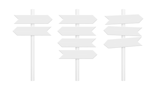 Signpost template set. White blank left and right arrows. Vector mockup