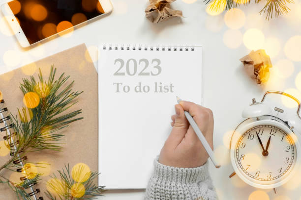 istock Back to life, goal list concept. Woman's hand writing in empty notebook. Resolutions, plan, goals, checklist, idea concept. Top view, flat lay, copy space. 2023. Christmas, New Year 1397210908