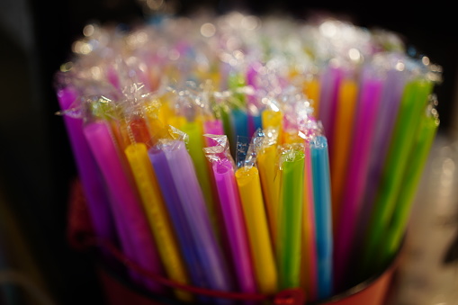 Close-up of Colorful drinking straws in box