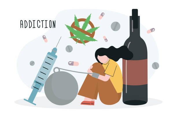 Sad female junkie have different addictions. Help for abuse woman with addiction. Drug, alcohol and tobacco addiction. Narological center addicted people Sad female junkie have different addictions. Help for abuse woman with addiction. Drug, alcohol and tobacco addiction. Narological center addicted people. Medical health care. Flat vector illustration substance abuse stock illustrations