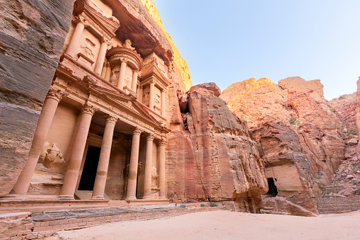 A view of the treasury building at Petra in Jordan in the late afternoon