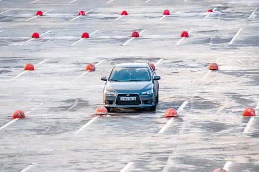 Petrozavodsk, Russia - 9 January 2020. an empty parking lot with a car standing alone