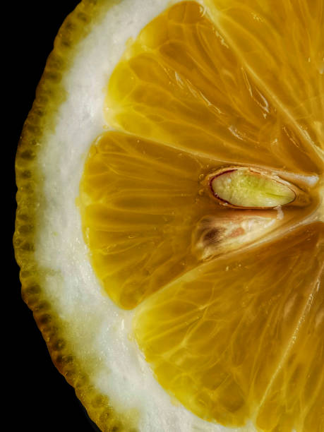 istock Lemon cut Lemon slice with seed on a black background 1397215298