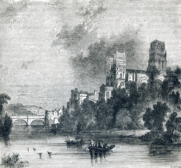 ilustraciones, imágenes clip art, dibujos animados e iconos de stock de vista de durham desde el río ilustración del siglo 19 - river wear illustrations