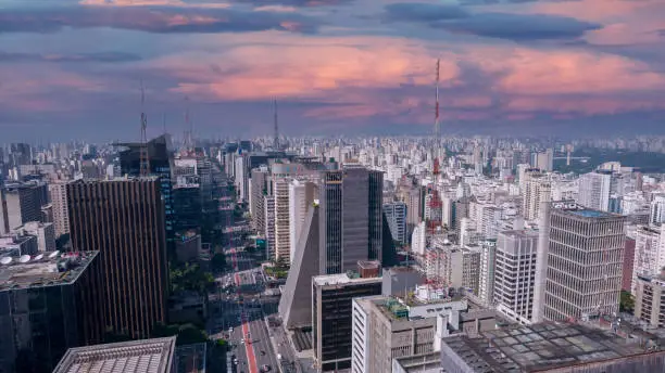 Photo of Aerial view of Avenida Paulista in Sao Paulo, Brazil. Very famous avenue in the city. High-rise commercial buildings and many residential buildings