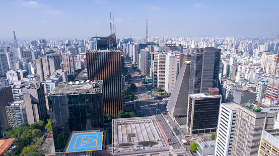 Aerial view of Avenida Paulista in Sao Paulo, Brazil. Very famous avenue in the city. High-rise commercial buildings and many residential buildings.