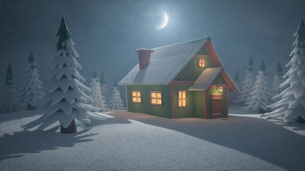 istock Stylized abstract advent background 3d illustration with cabin in forest 1397221153