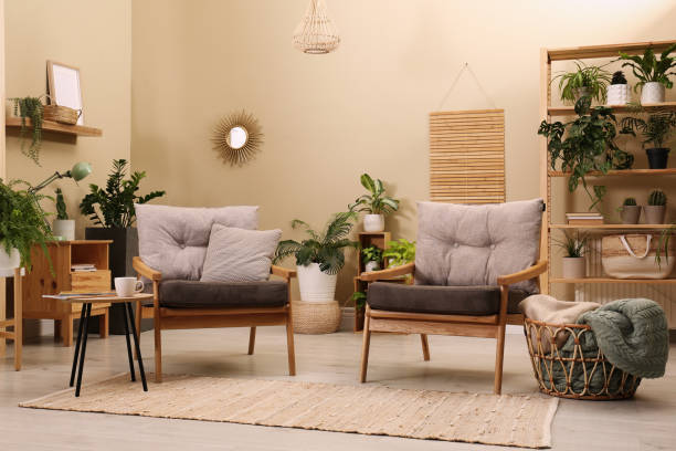 istock Lounge area interior with comfortable armchairs and beautiful houseplants 1397221935
