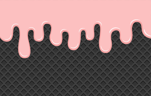 Pink berry ice cream flows down the black crispy waffle. Delicious dessert background. Flat vector illustration