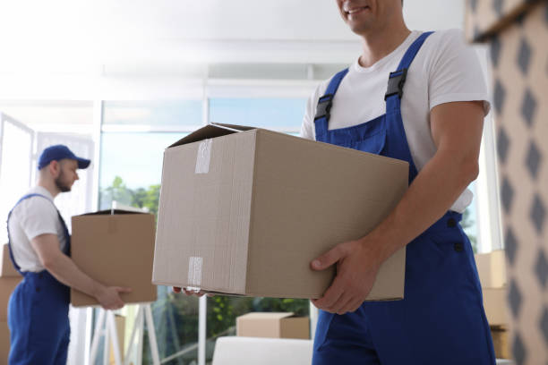 Moving service employees with cardboard boxes in room, closeup stock photo