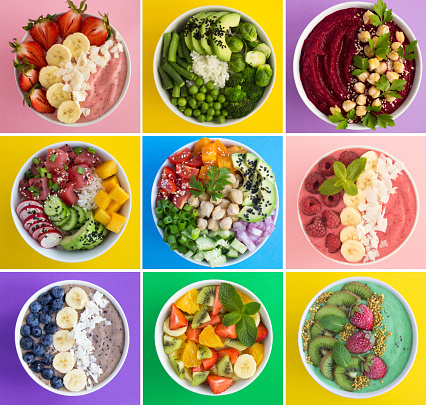 Food collage. Smoothie, fruit salad  and poke bowl on the colored background. Top view.