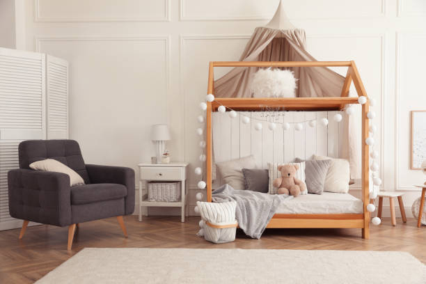 istock Stylish room for kid with house bed. Interior design 1397222115