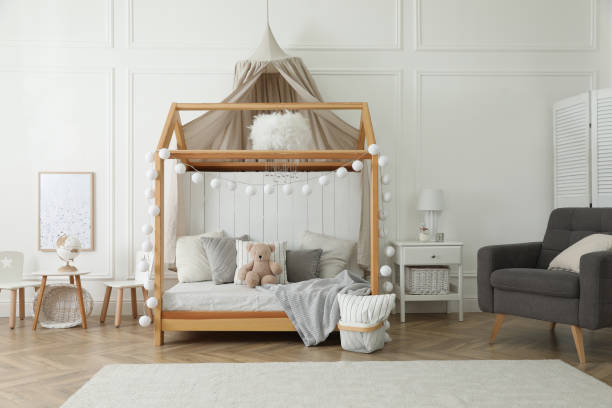 istock Stylish room for kid with house bed. Interior design 1397222169