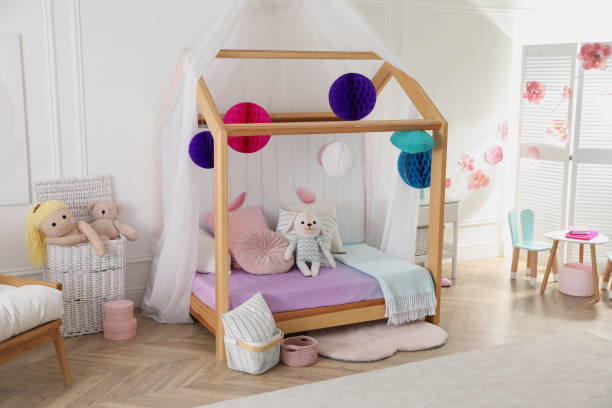 istock Stylish room for kid with house bed. Interior design 1397222172