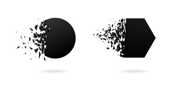 ilustrações de stock, clip art, desenhos animados e ícones de black hexahedron, circle with explosion effect on white background with debris. - breaking glass cracked broken