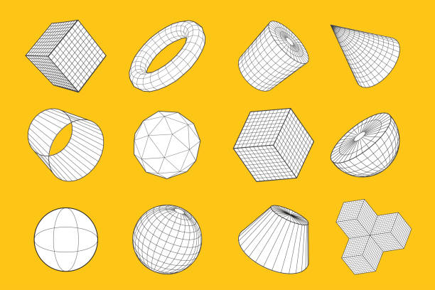 와이어프레임 다각형 요소 집합입니다. 연결된 선이 있는 기하학적 3d 개체입니다. 메쉬 구조 벡터 일러스트 레이 션 세트 - cone stock illustrations