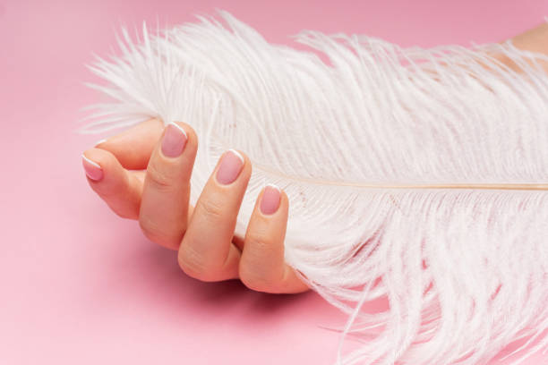 istock Female hand with smooth skin and soft ostrich feather on pink background 1397227686