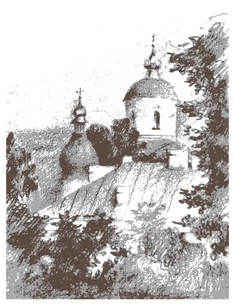 Vector illustration of View of the churches domes of the monastery among the trees in Kyiv. Vector traced brown and grey vintage landscape sketch on a white background