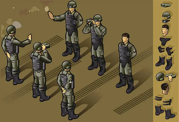 Vector illustration of isometric set of militar people standing